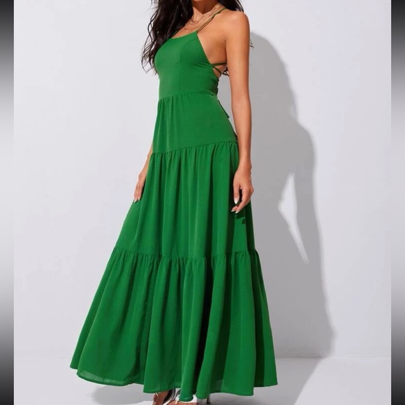 Green lace up back ruffle hem cami maxi dress - Picture 5 of 6
